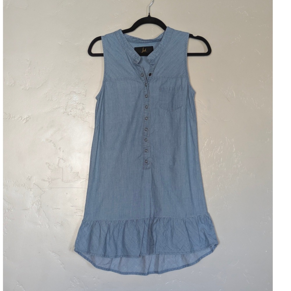 Jack Sleeveless Chambray Tunic Top Light Blue Ruffle High Low Hem Small